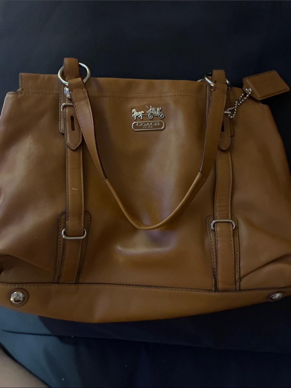 Coach Leather Tote in Cognac Brown with Silver Hardware